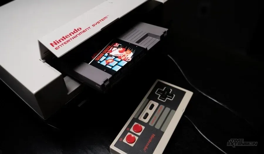 Super Mario jumping near the upper border of World 1-1 as a Super Mushroom falls below in the original NES Super Mario Bros.