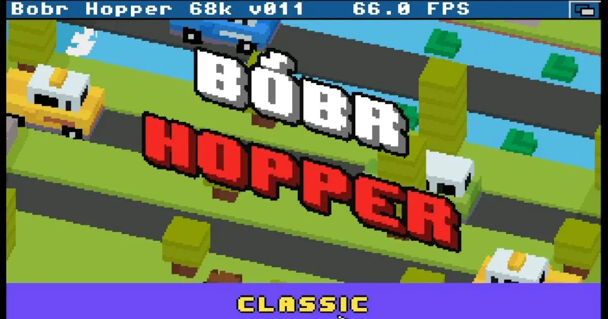 Bóbr Hopper sprite animation and layered obstacle scene on Commodore Amiga hardware