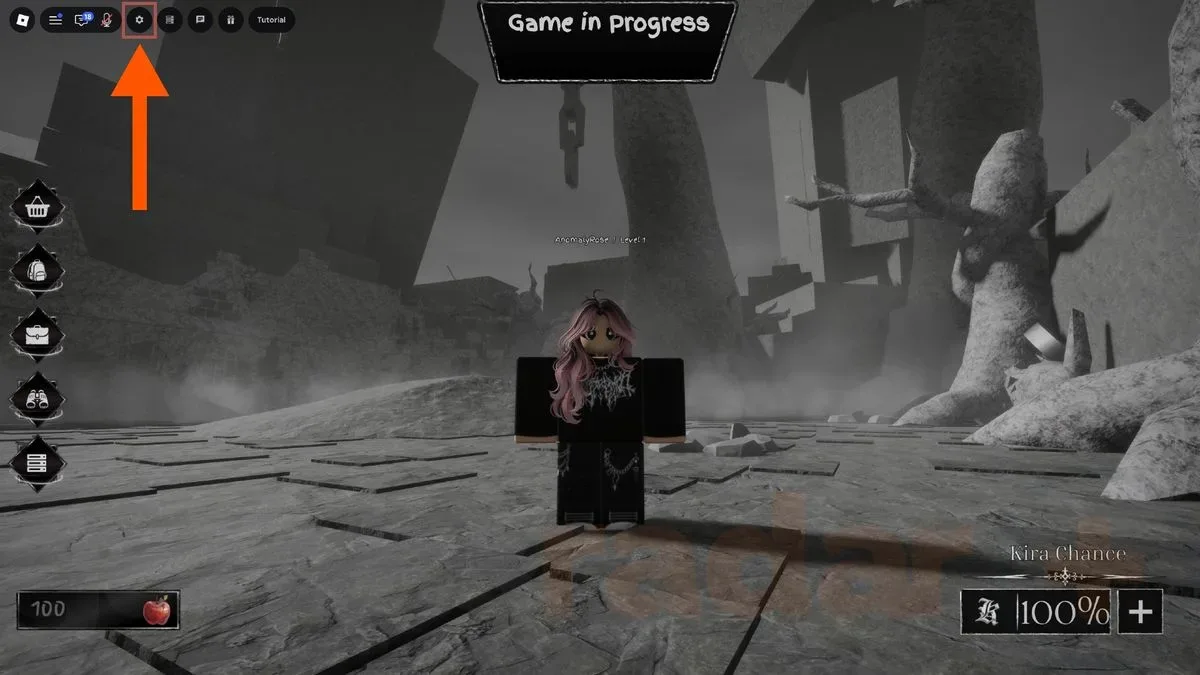 An orange arrow points to the settings menu button where you can redeem Bloxnote codes.