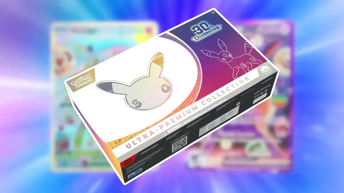 Pokemon Ultra-Premium Collection against a blurred blue and purple backgrtound displaying two cards