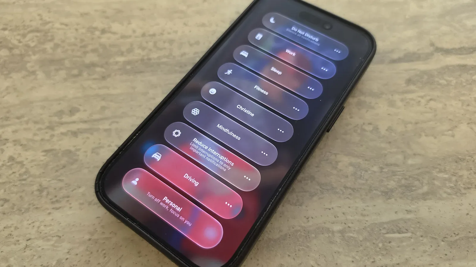 iPhone Control Center showing a resizable Focus control