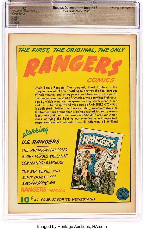 Sheena, Queen of the Jungle #2 (Fiction House, 1942) back cover in its CGC holder, featuring an advertisement for Rangers Comics and its wartime adventure features.