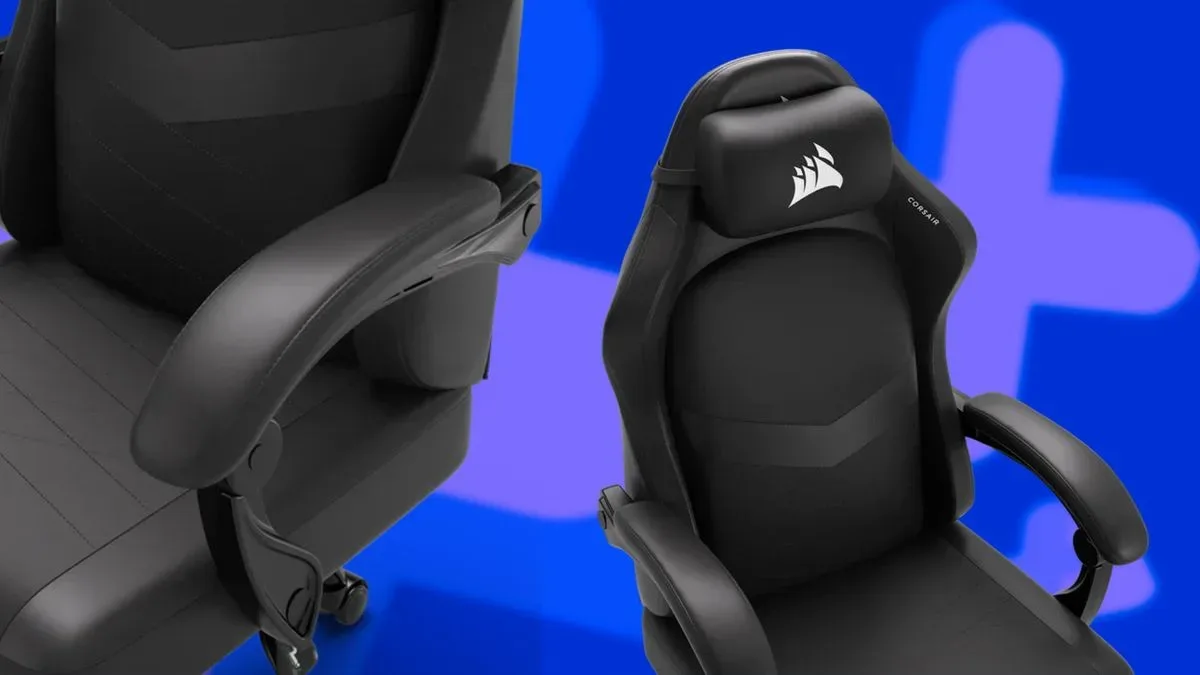 Two closer look images of the Corsair TC80 gaming chair on top of a blue background