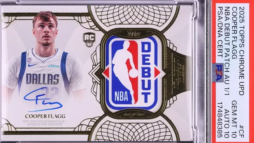 Image of card that sold for 8.04 million dollars featuring player in white jersey with blue ink signature below, and patch