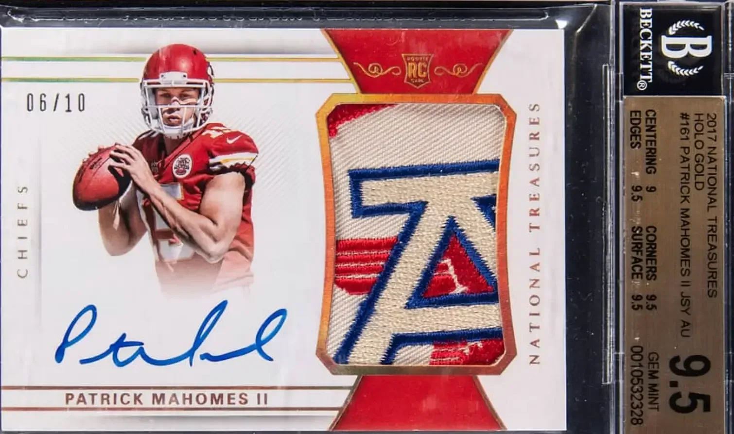 Patrick Mahomes on right side of the card, jersey patch on left, with blue autograph by player below his picture, BGS 9.5.