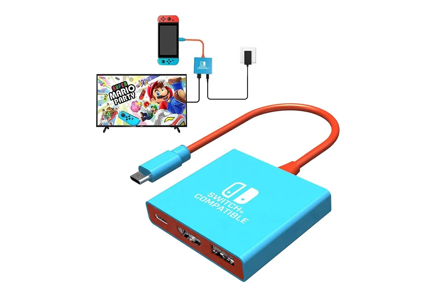 A compact USB-C travel dock connected to a handheld gaming system and television