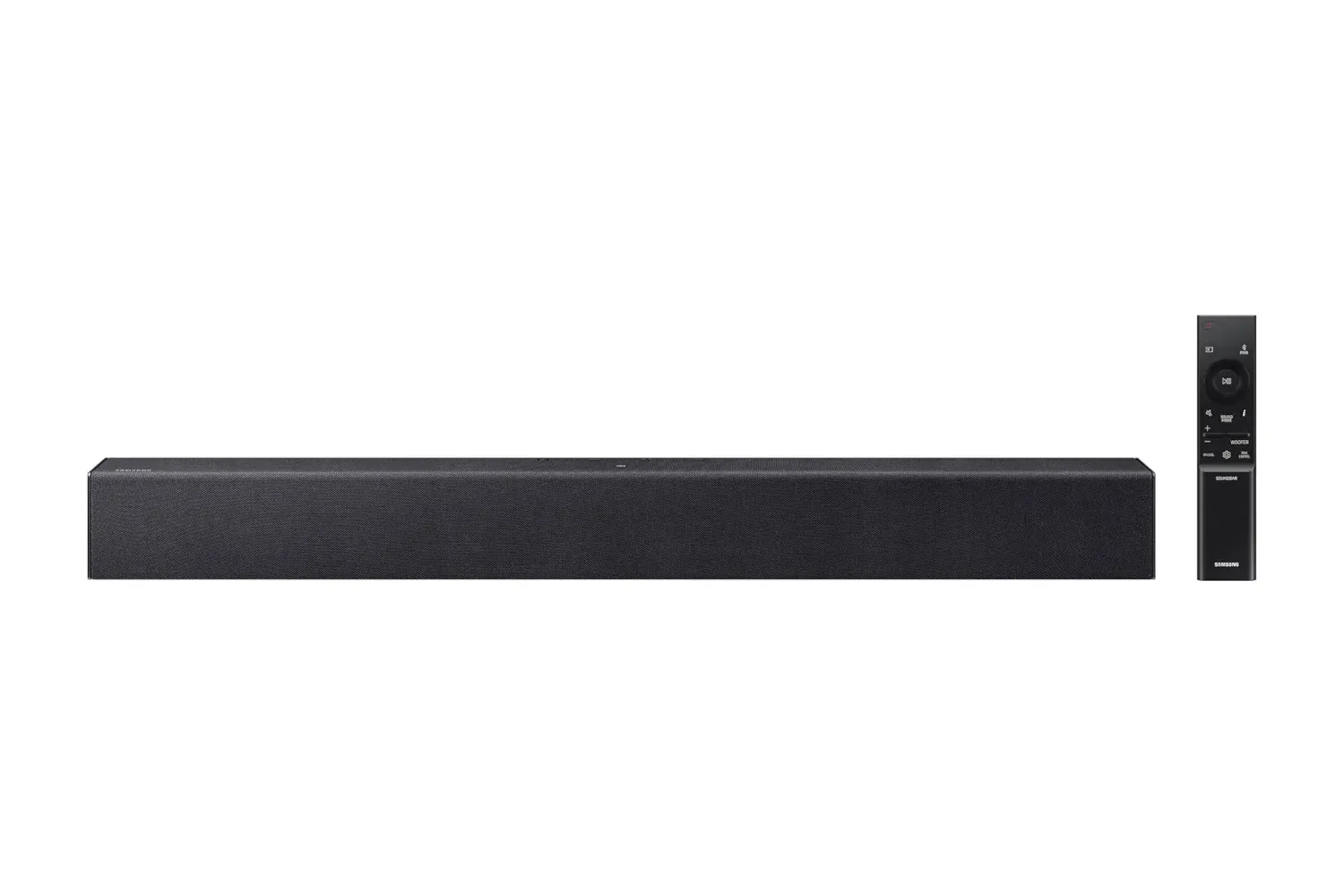 Samsung B-Series 2.0-channel soundbar positioned below a television