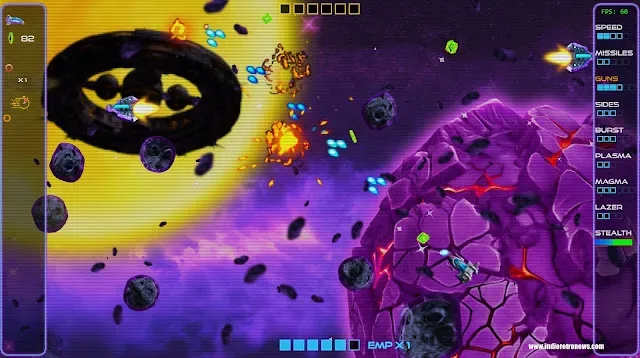 Project Nebula starship orbiting a planet amid asteroids and alien enemies
