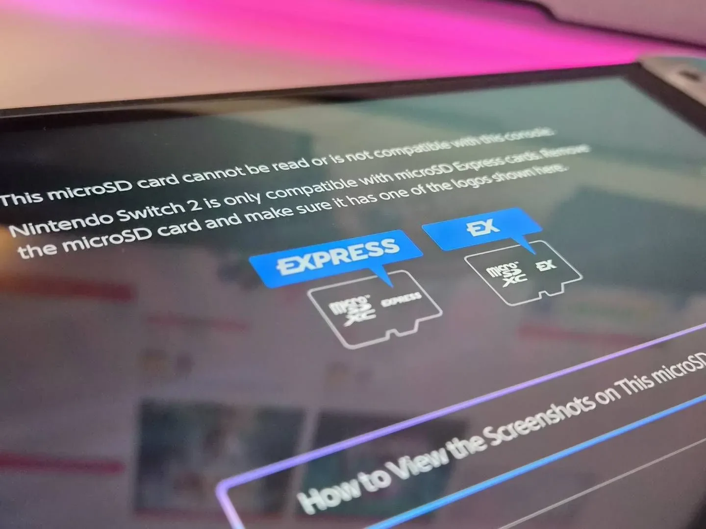 Image of the microSD card warning message on the screen of a Nintendo Switch 2.