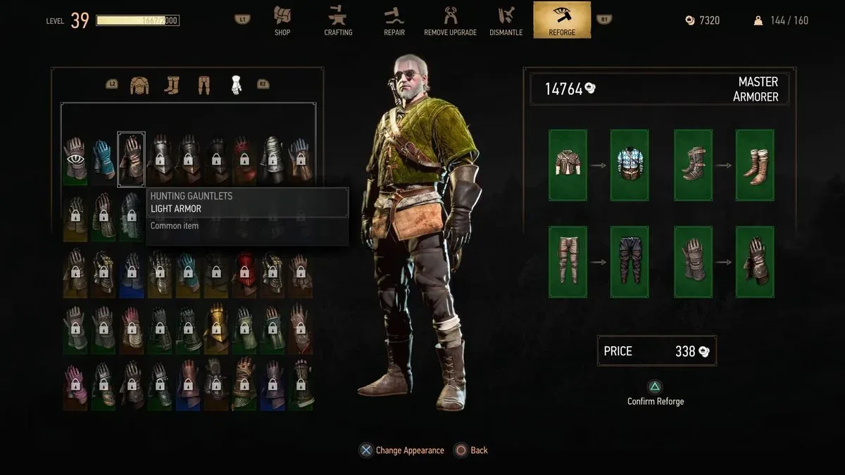 The Reforge option can be used to Transmog equipment in Witcher 3 Remastered