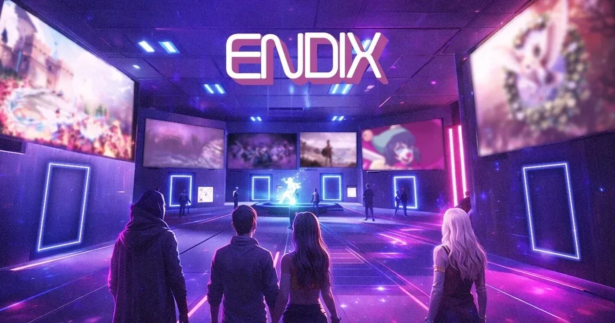 Endix virtual gaming expo floor with player avatars and developer booths
