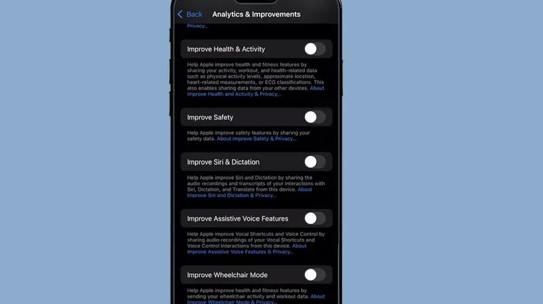 A close-up of an iPhone showing the "Analytics & Improvements" settings, including the "Improve Siri & Dictation" setting.