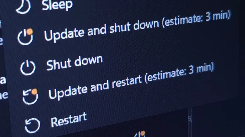 Close-up of the Windows power menu in Start menu, showing various update options.