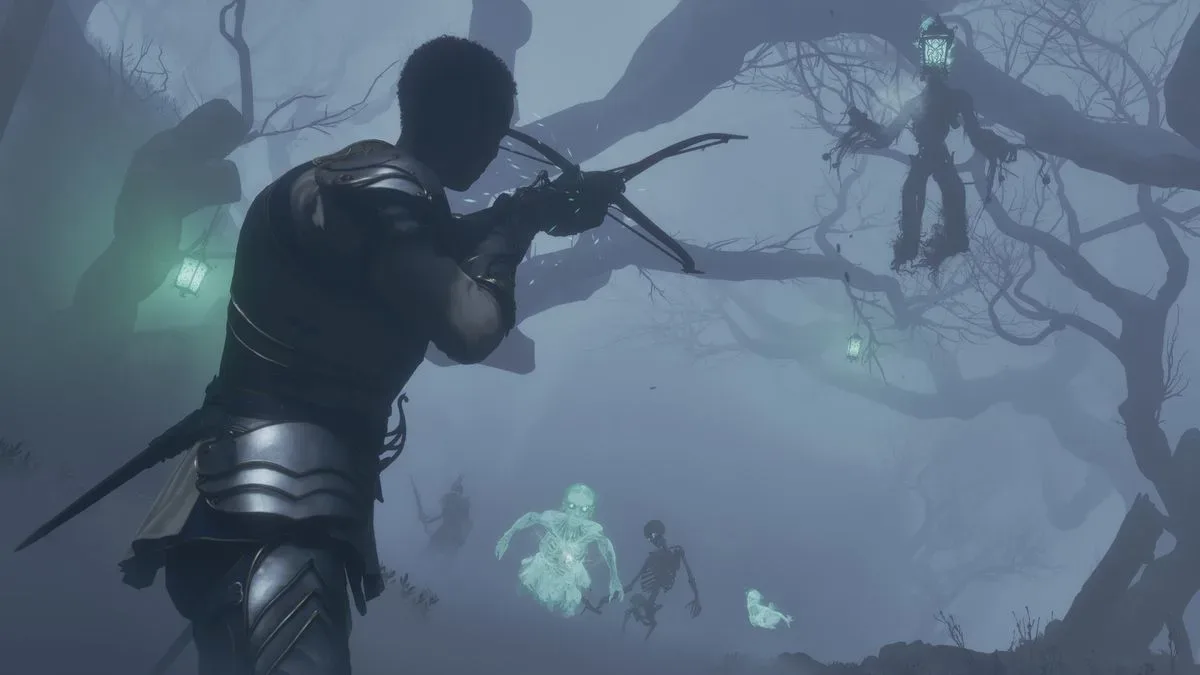 The Hero takes aim at oncoming spirits and undead enemies in Fable (2027) for Xbox Series X in the middle of a foggy forest made up of dead trees