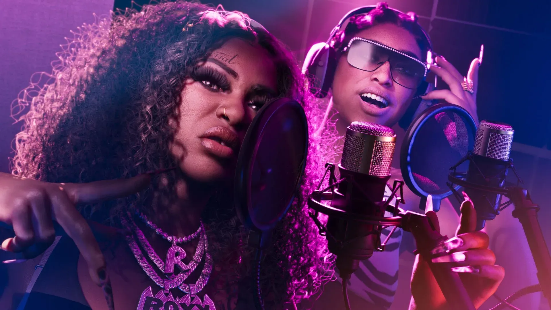 Rap duo Real Dimez in GTA 6 stand in front of microphones