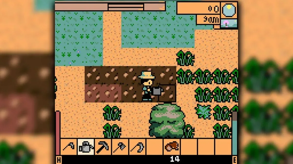 A Game Boy Color-style Stardew Valley demake scene showing a player targeting a farm tile