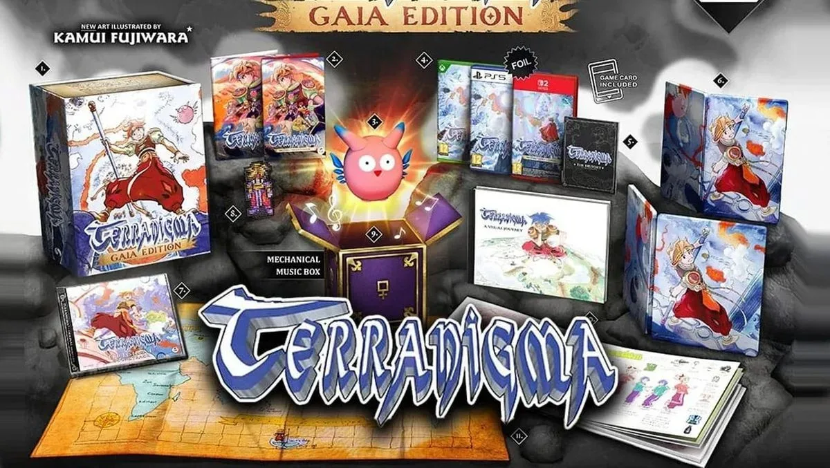 Terranigma Gaia Edition collector’s package with soundtrack CD, cloth map, music box and Yomi figure