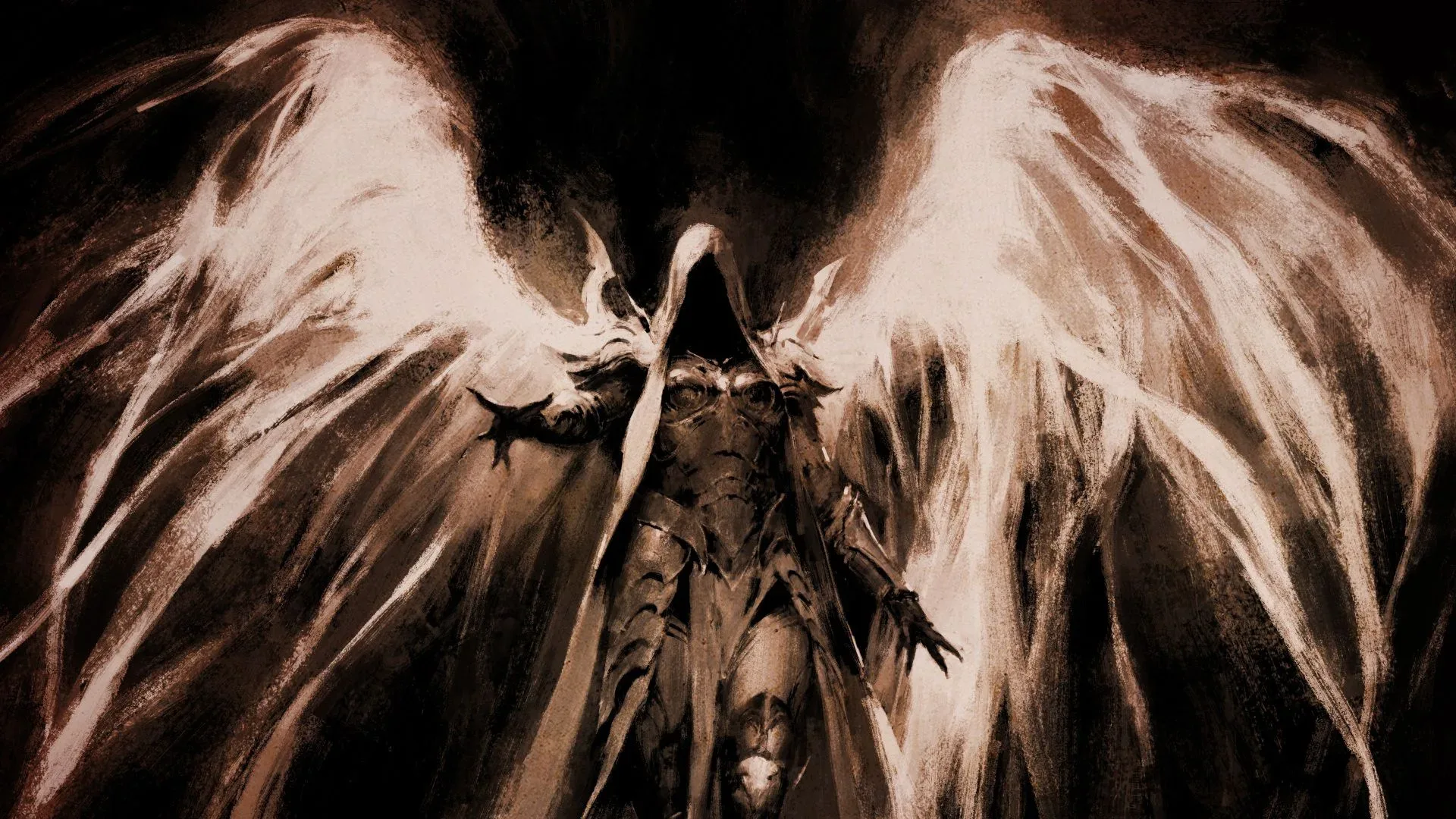 Diablo 5 character concept art showing a mysterious figure with a cloaked hood, armor, and large wings