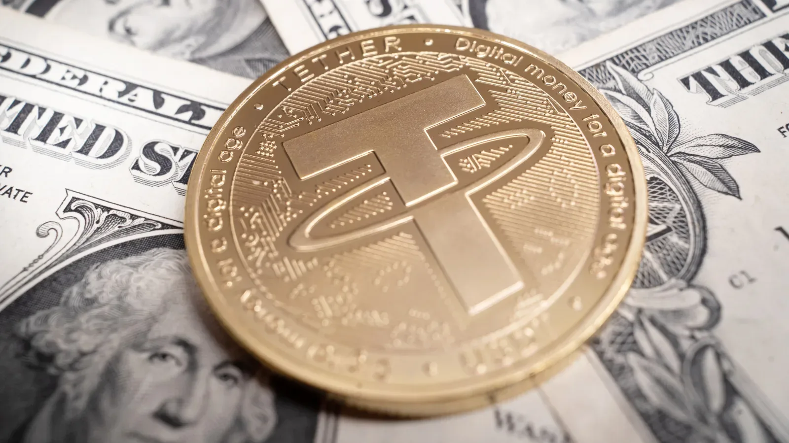 Illustration of a USDT stablecoin token beside a sanctions compliance document