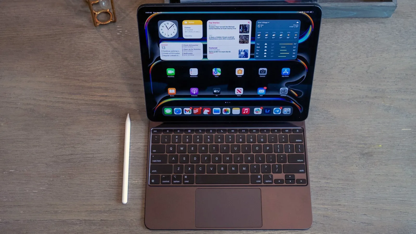 iPad with a keyboard case and trackpad arranged as a laptop-style workstation