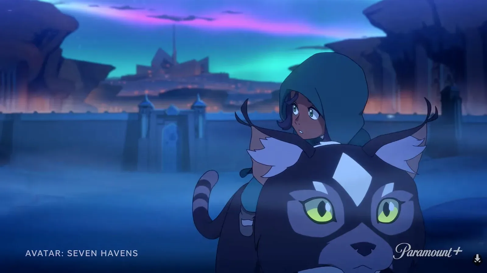 Avatar: Seven Havens trailer artwork featuring Pavi in the fractured world 200 years after The Legend of Korra