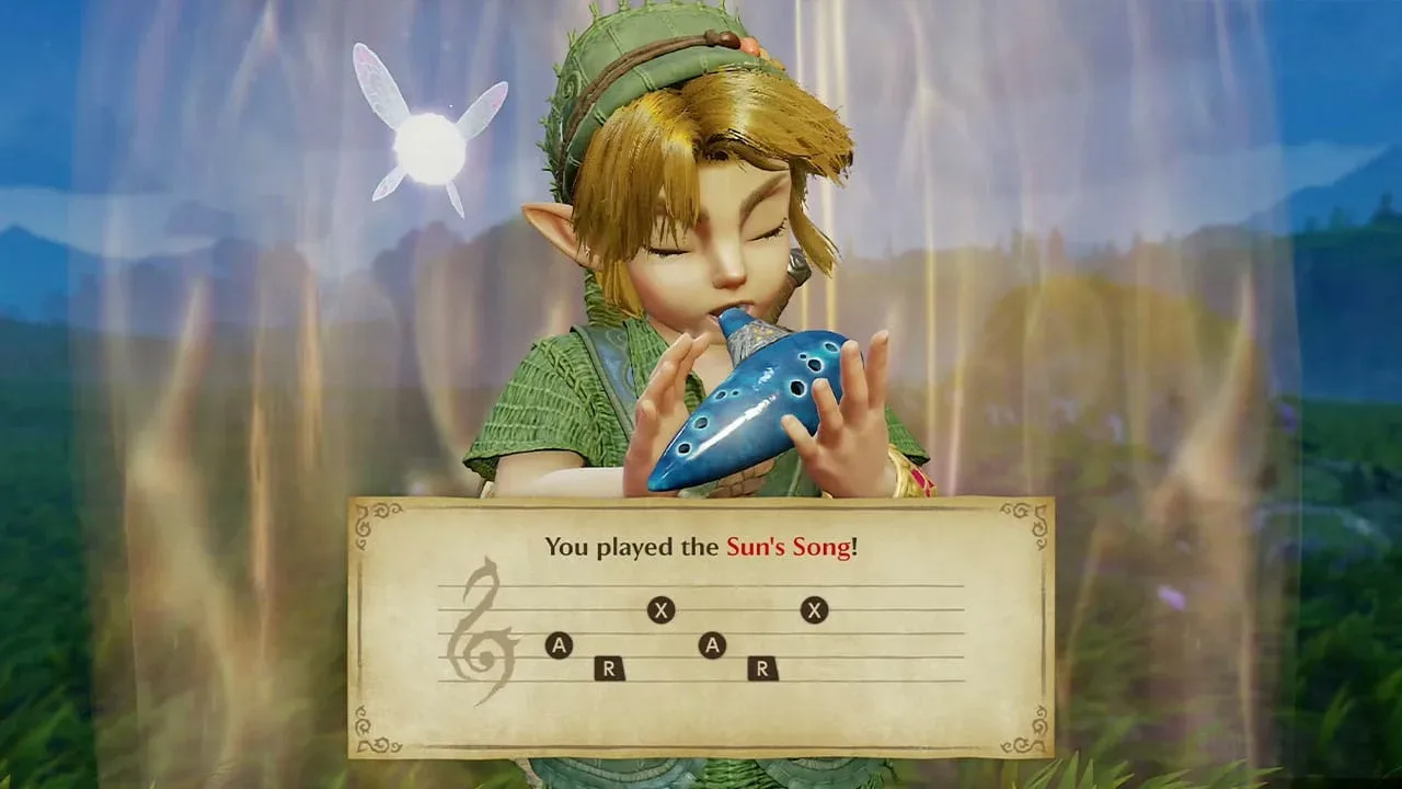 Link travelling through Hyrule Field in Ocarina of Time Remake