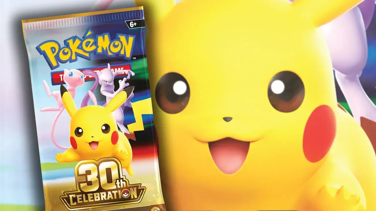 Pokémon trading card packs displayed for an anniversary set release