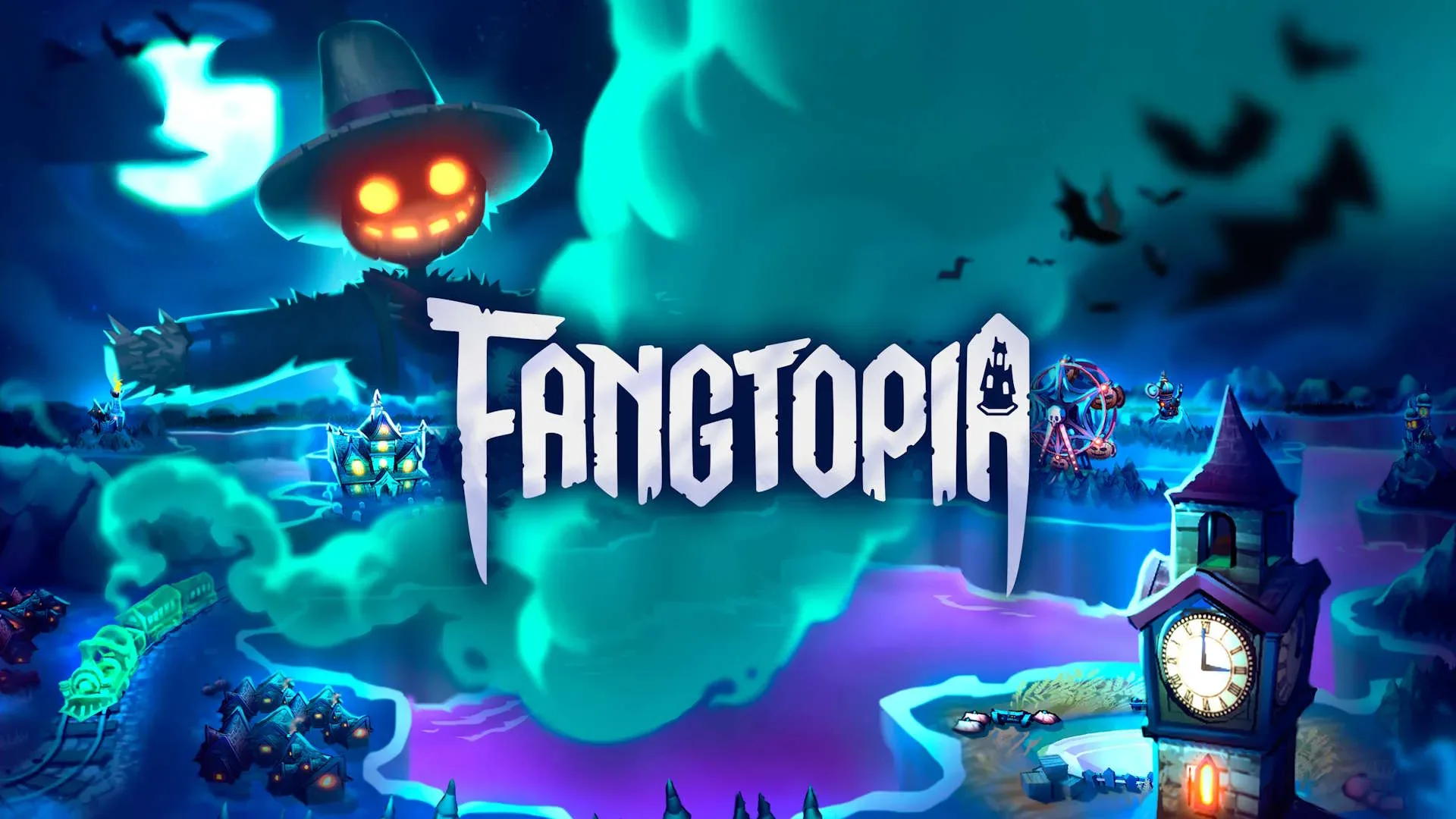 Fangtopia hex-tile landscape with fields, forests and monster habitats