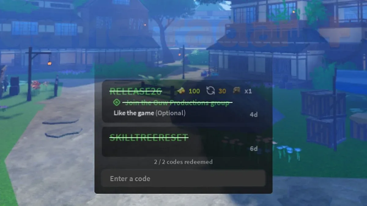 The Slayers 2 codes redemption box as seen in-game.