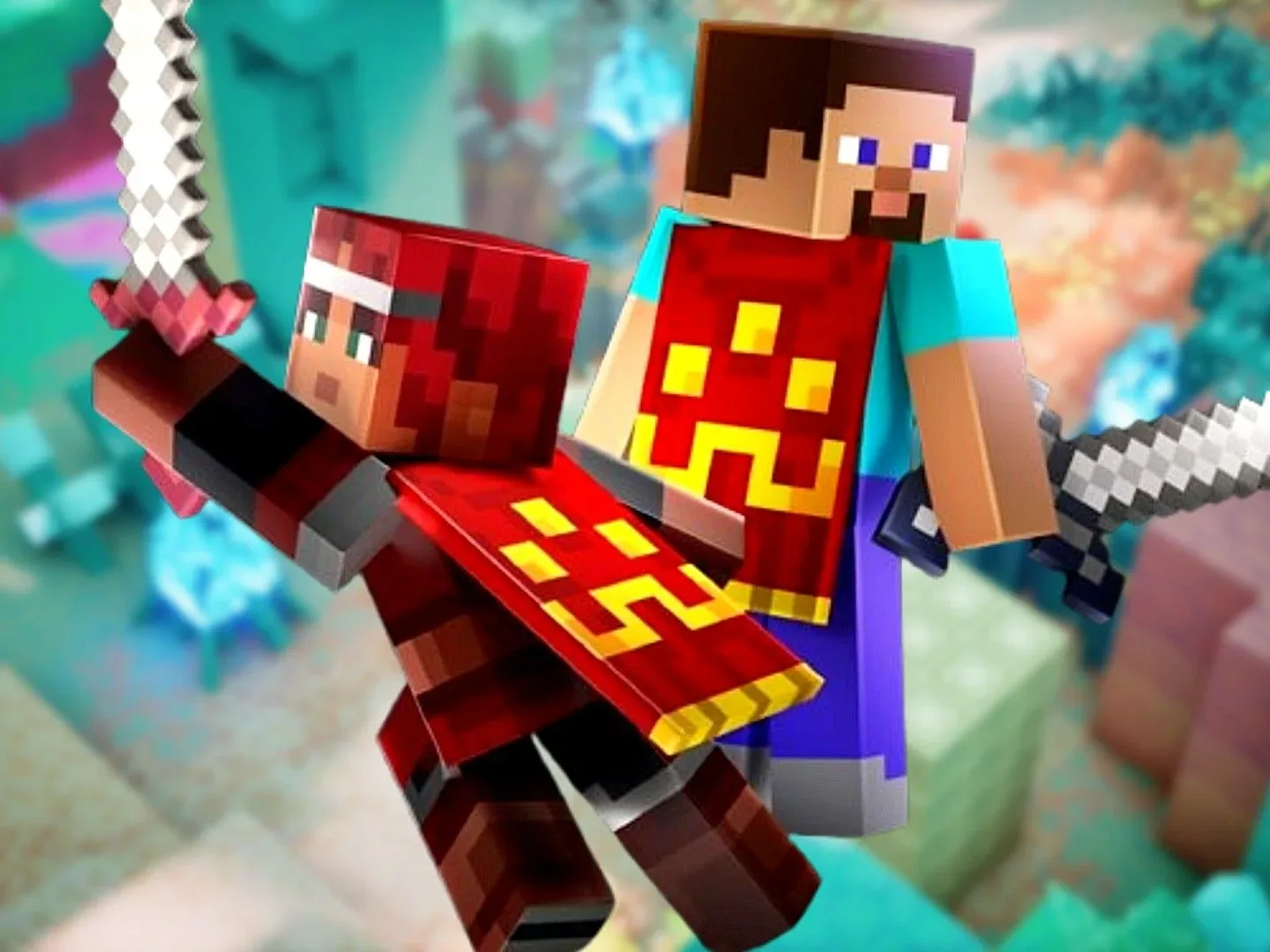 Alex and Steve from Minecraft wear capes earned by redeeming Minecraft Dungeons 2 codes.