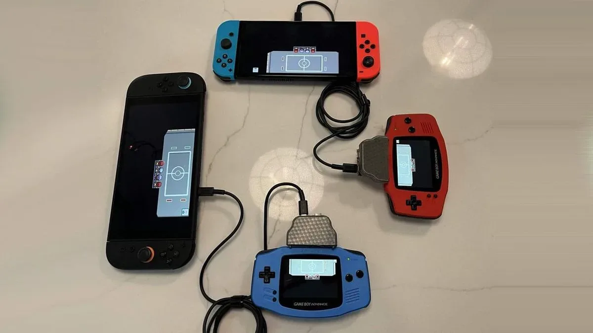 RetroSync adapter connecting a Game Boy Advance to Nintendo Switch hardware for Pokémon link play
