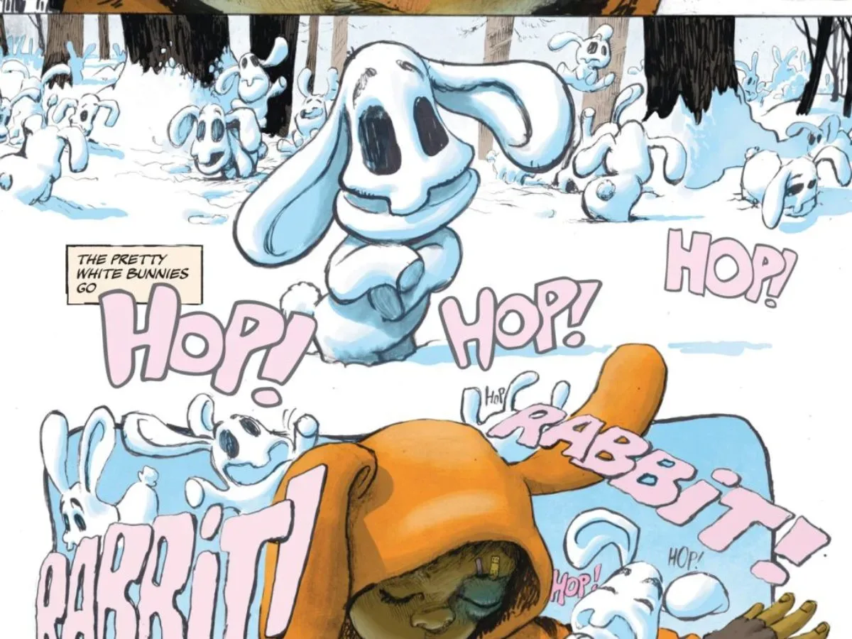 Rabbit in an orange rabbit hood in a snowy forest surrounded by eerie white rabbits