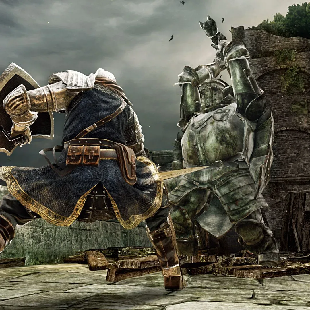 A Dark Souls 2 co-op group gathered near a bonfire