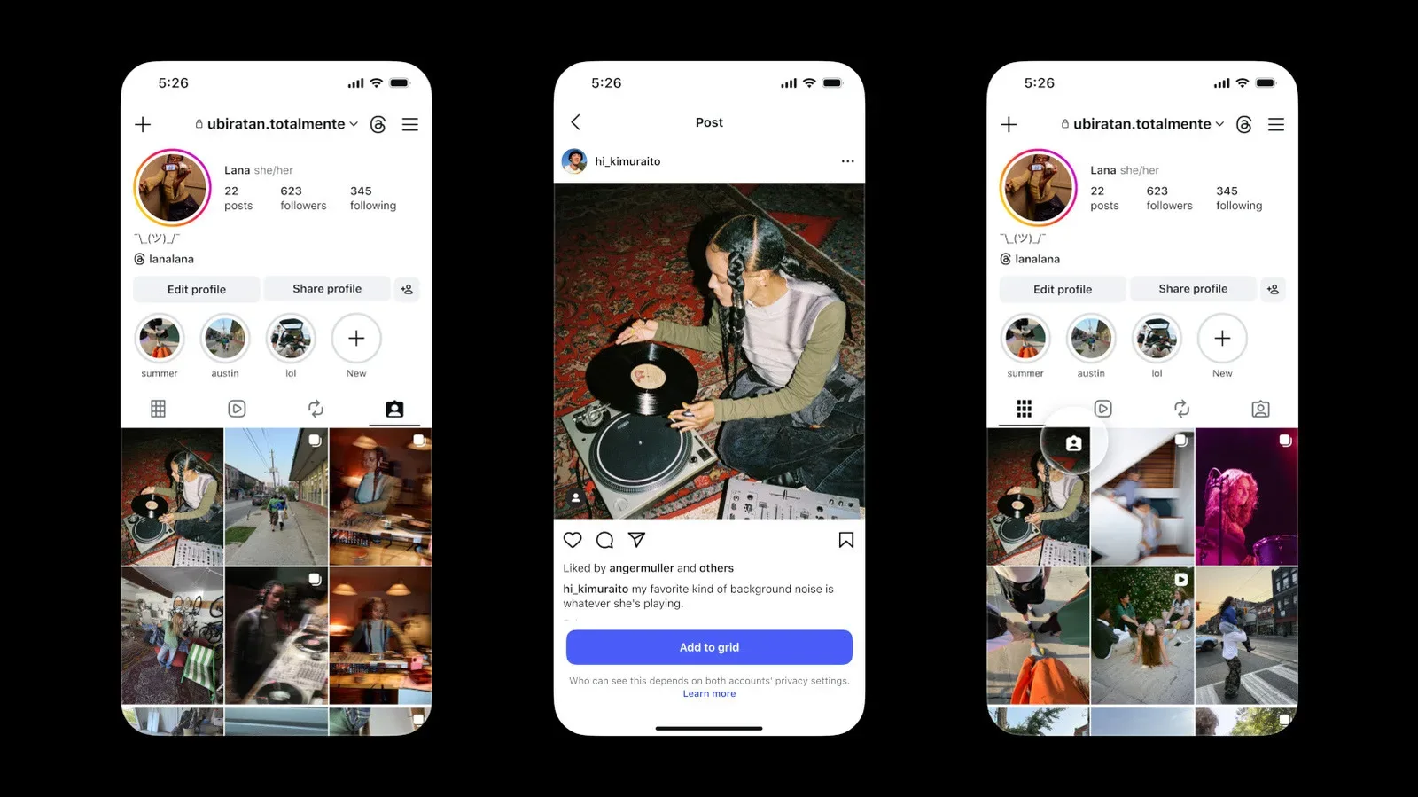 Instagram profile grid showing a selected tagged post among regular uploads