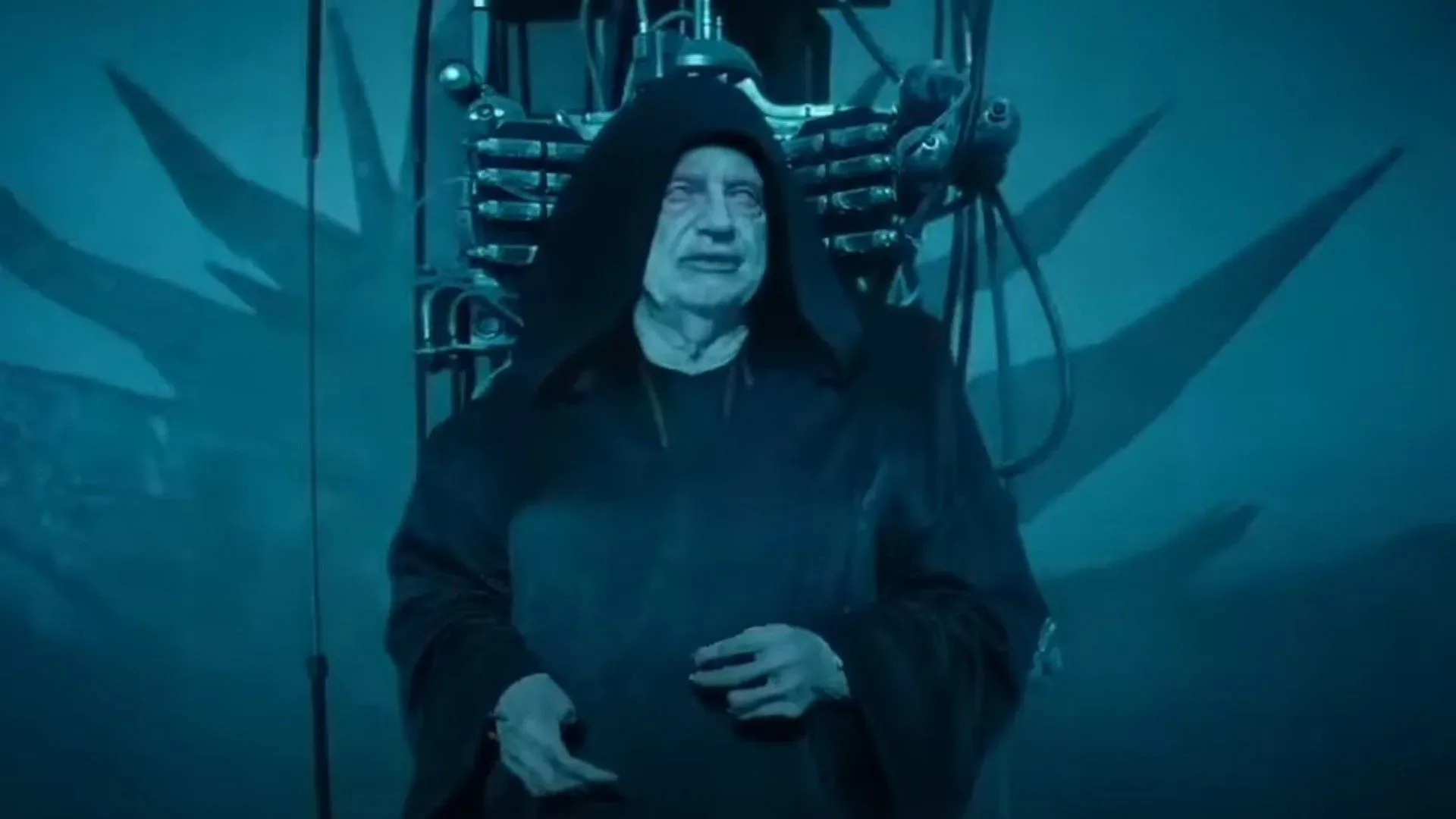 Emperor Palpatine confronts Luke Skywalker in the Death Star throne room