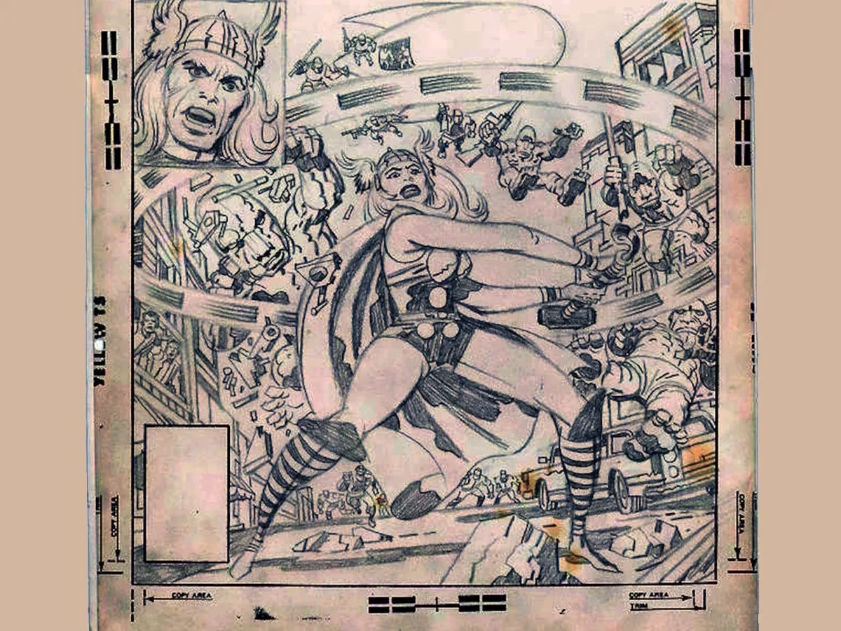 Unpublished 1978 Jack Kirby pencil cover for What If? #10 featuring Jane Foster as Thor