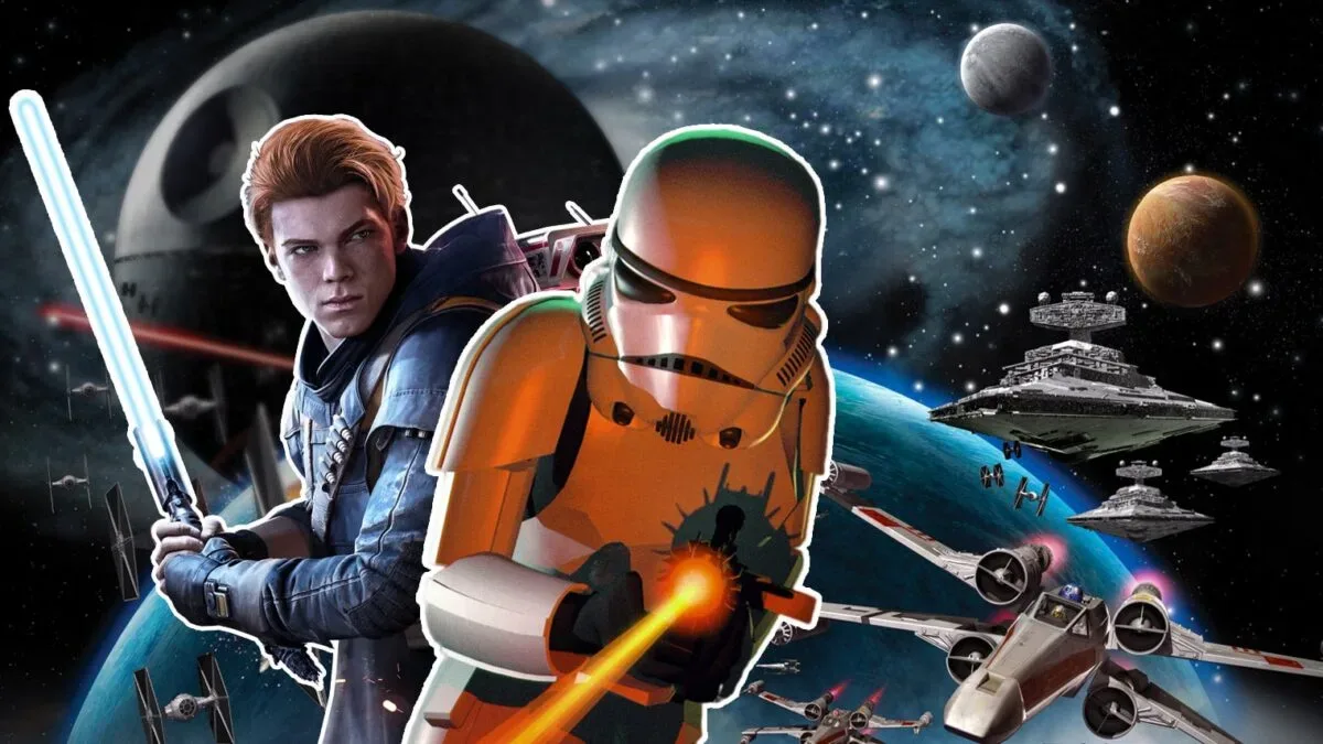 A collection of Star Wars video game cases arranged around a game controller