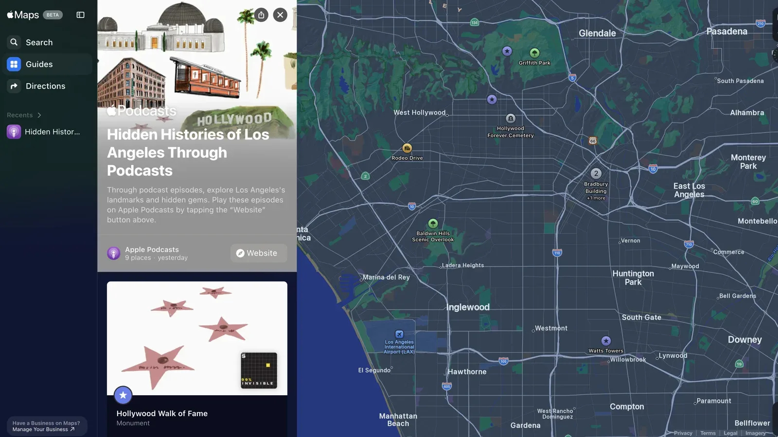 Apple Maps landmark information card with a Hidden Histories podcast guide panel