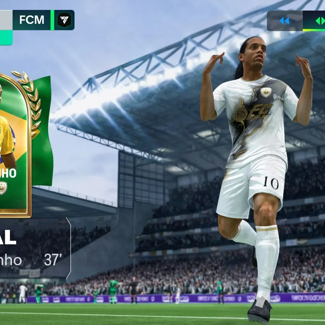 Press shot for FC Mobile codes showing Ronaldinho celebrating scoring a goal