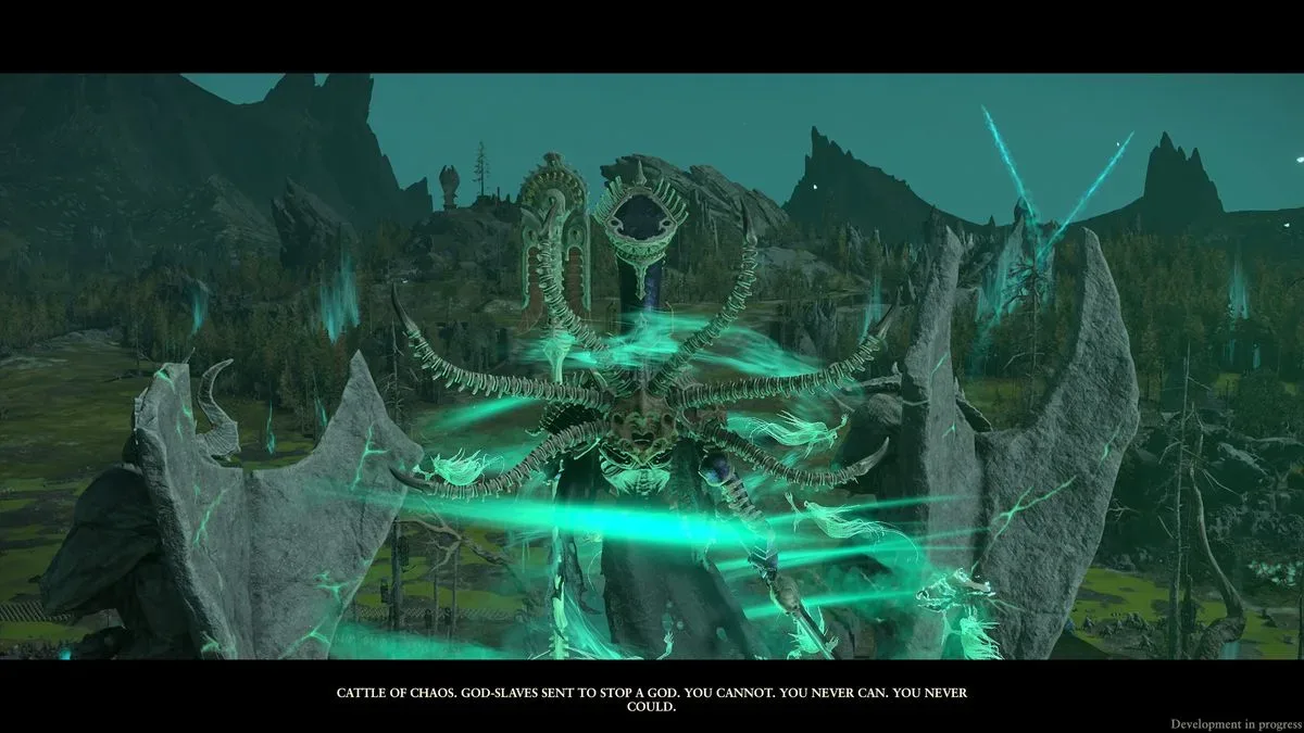 Nagash in Total War: Warhammer 3, giving a speech before his quest battle