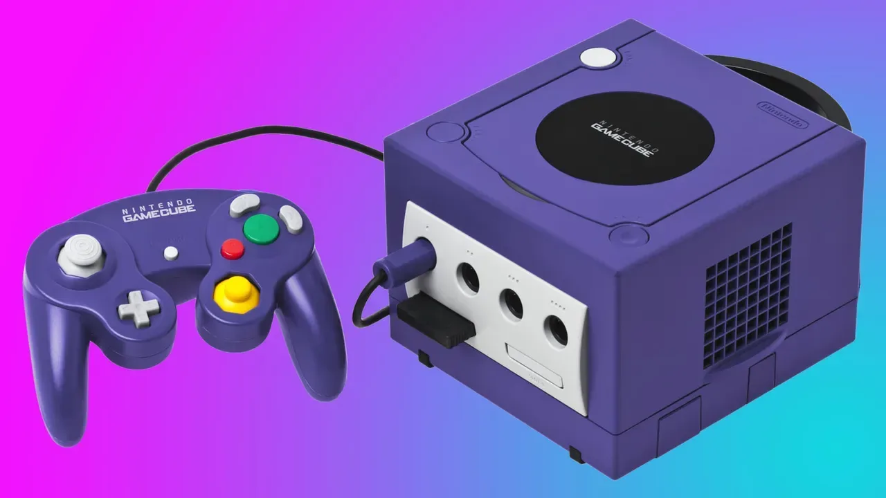 Nintendo GameCube game discs beside a GameCube console