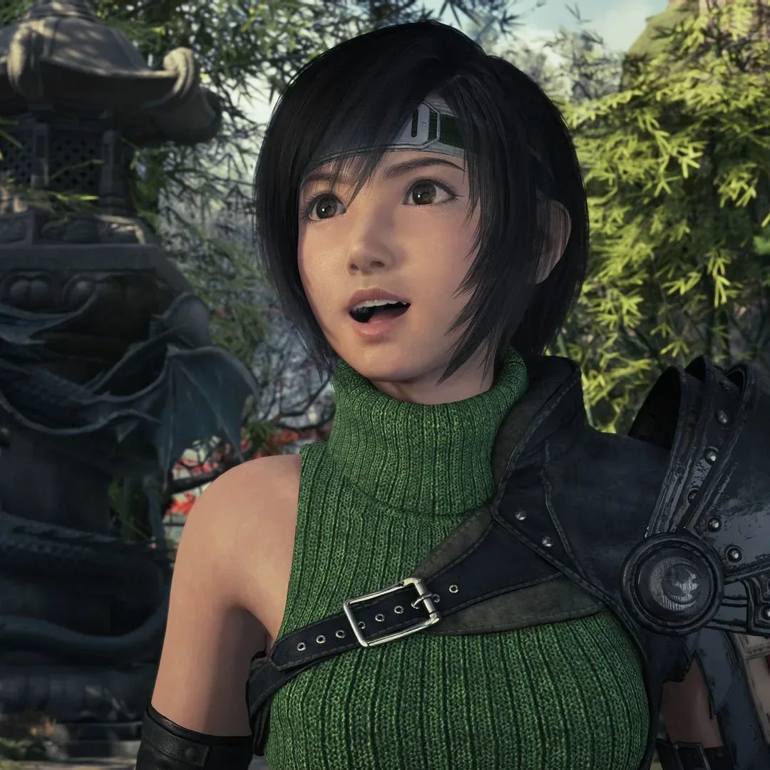 Yuffie stands in a jungle in Final Fantasy 7 Revelation with her mouth open