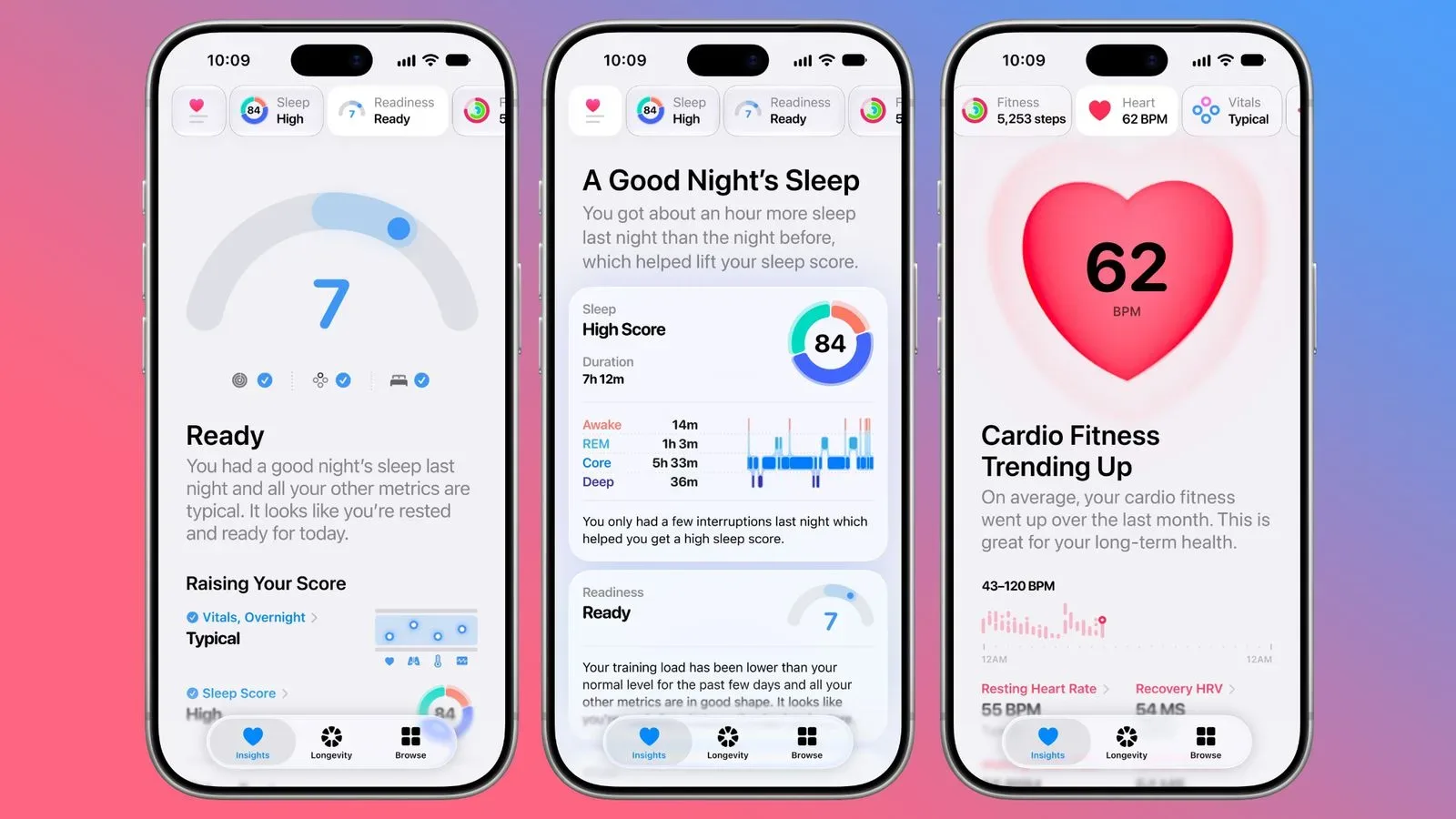 Apple Health app Insights screen showing personalized fitness and sleep metrics