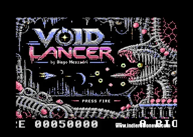 Void Lancer Commodore 64 gameplay in a biomechanical scrolling corridor