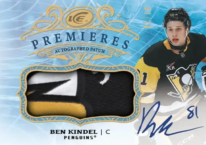 Image of Penguins hockey player on right with blue signature under picture with black jersey, 3 color patch on the right.