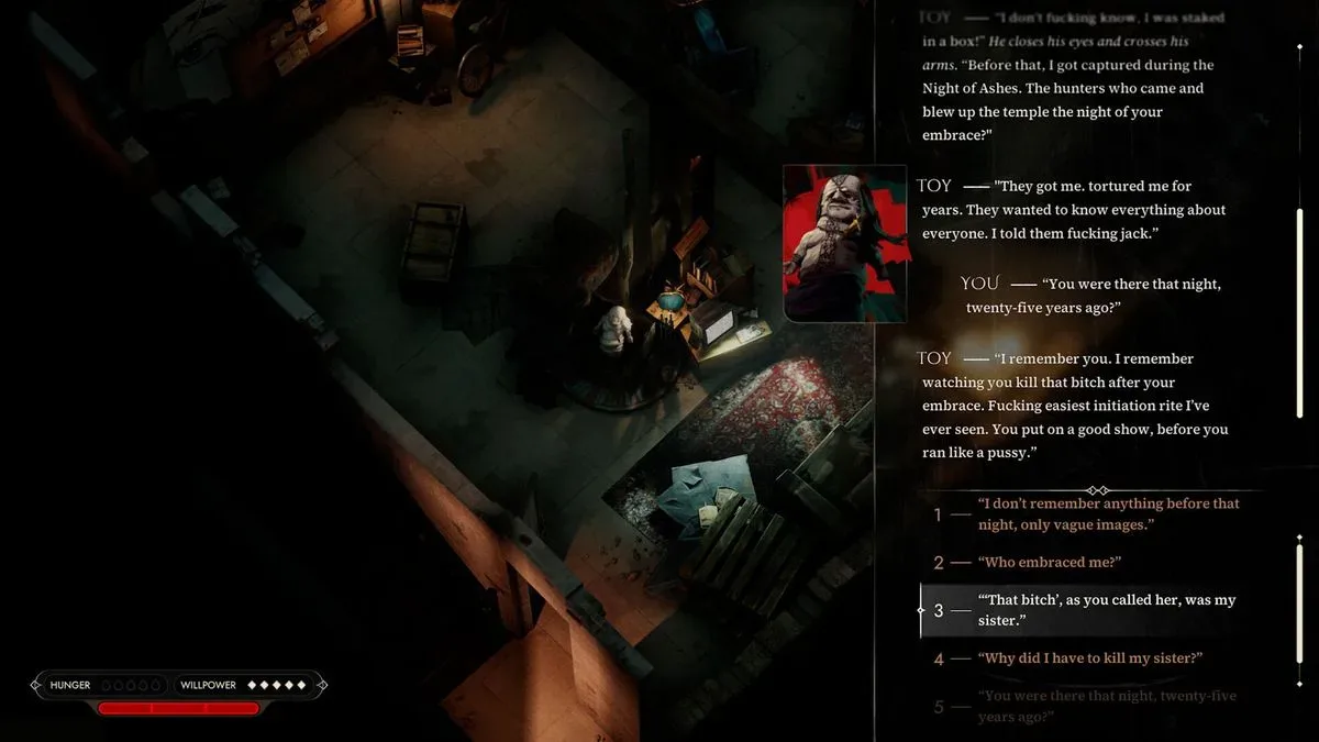 The player converses with a Toy in Vampire: The Masquerade - Eternal Whispers