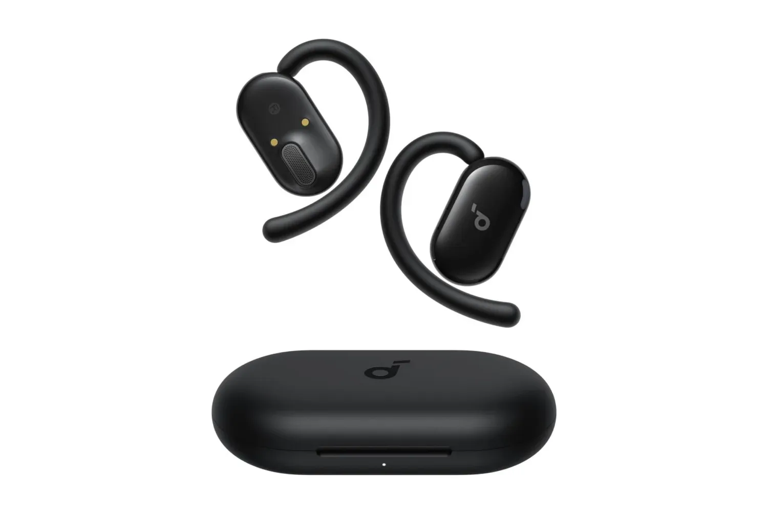Black Soundcore V20i open-ear earbuds beside their charging case