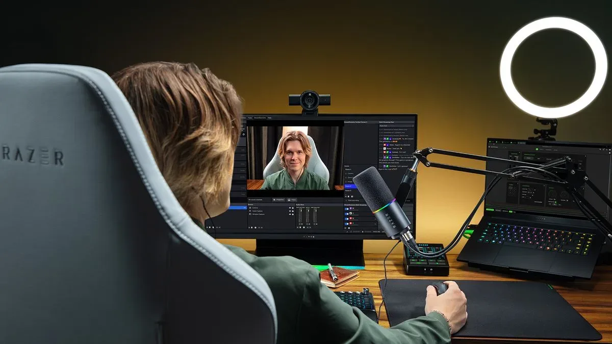 A Razer marketing image showing the Kiyo V2 Pro being used by a streamer
