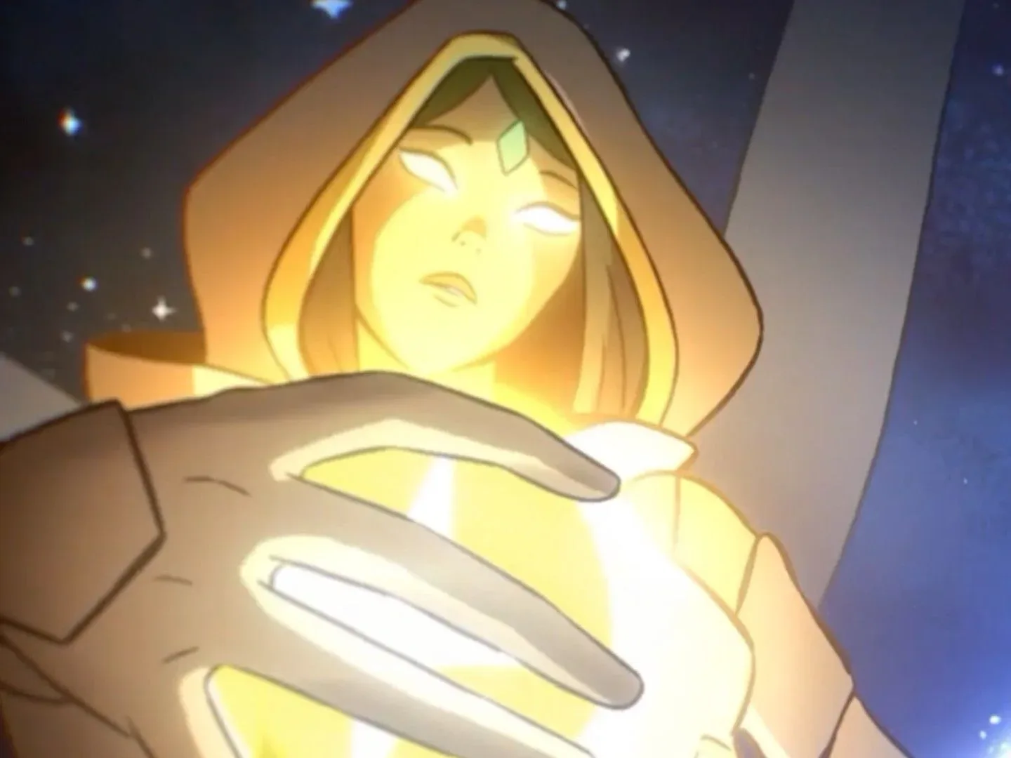 A raven-haired character in a hood is illuminated by a bright yellow light in the intro to Shape of Dreams.
