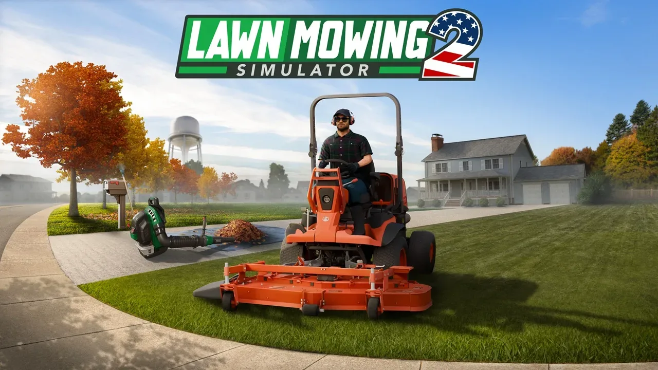 Lawn Mowing Simulator 2 launch trailer artwork showing lawn-care equipment